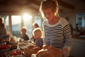 A woman prepares a warm family meal in a sunlit kitchen, carrying fresh bread to a table filled with food as children enjoy the cozy, inviting atmosphere.