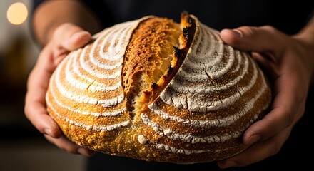 Artisan sourdough bread with golden crust held gently in caring hands