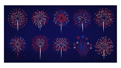 Patriotic red white blue fireworks explosion set on dark blue background