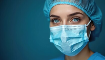 Young female medic wears face mask and surgical cap. She has bright blue eyes and looks serious. Healthcare professional focused on patient care and safety protocols.