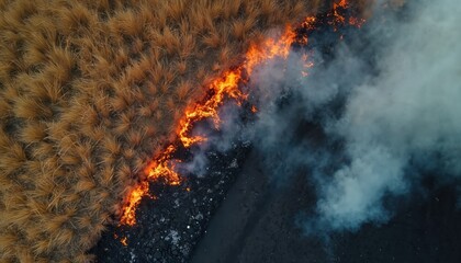 Dry grass field burns with intense orange flames. Billowing white smoke rises from scorched earth and black ash. Aerial view shows destructive wildfire consuming land. Ecological disaster unfolds.