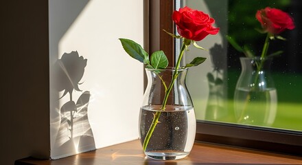 Single red rose in a glass vase illuminated by sunlight near a window