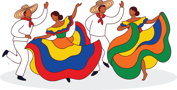 Colorful illustration of people dancing in traditional festive attire