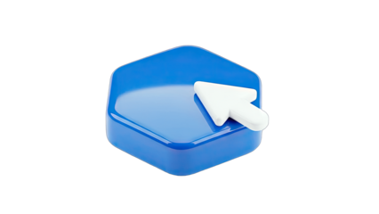 3D Click Arrow on Blue Hexagon Button - Isolated