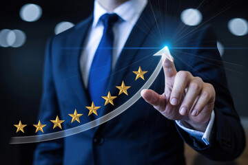 Businessman pointing at virtual increasing arrow with seven stars, symbolizing excellent service and business growth