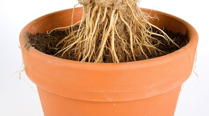 constriction. A root-bound plant in a terracotta pot, roots circling inside, top-down view. gardening catalogs, home-decor guides, designed for gardening and botanical catalogs.