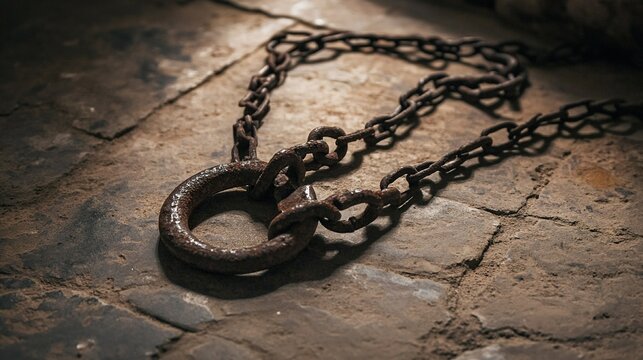shackles. Rusted iron chains and broken manacles on a stone floor in dim light. public awareness campaigns, NGO reports, designed for public awareness campaigns and NGO communications.