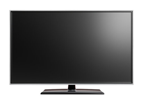 Contemporary black flat screen TV with stand showing blank display screen, isolated on transparent background