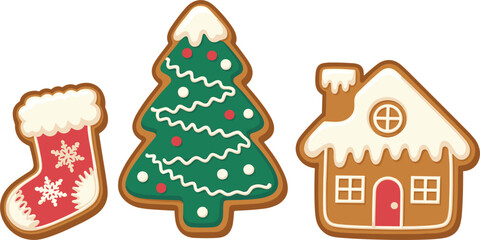 Colorful gingerbread Christmas cookies set, decorated stocking, tree, house, holiday baking, festive food illustration