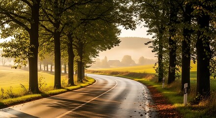 Sunlit winding country road lined with tall trees on a misty morning