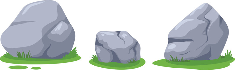 Natural grey rocks set on grass, stone boulders, geology mineral element, landscape nature drawing illustration © Al