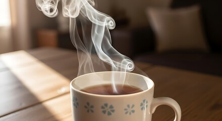 Warm steaming coffee cup on wooden table with soft natural light