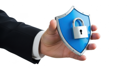 Hand holding a blue shield with a lock symbol representing cybersecurity and data protection isolated on transparent background