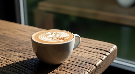 Warm latte art coffee cup resting on a rustic wooden table in natural sunlight
