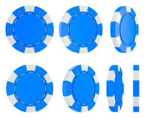 Fototapeta premium Set blue poker casino chips on white background. Isolated 3D illustration