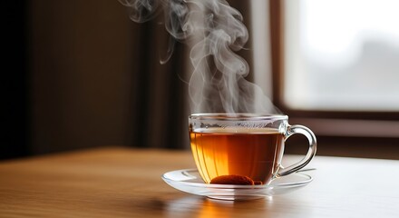 Steaming hot cup of tea on a wooden table by the window