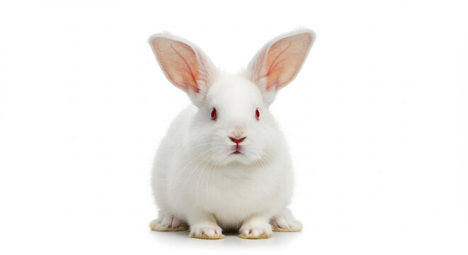 Adorable lapin albinos au pelage immacul� et aux yeux rouges vif observant attentivement en studio lumineux.. AI Generated