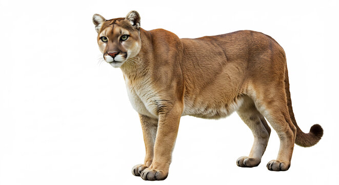 Puma couguar puissant au pelage fauve lumineux isol� sur fond blanc pur regard per�ant nature sauvage. AI Generated