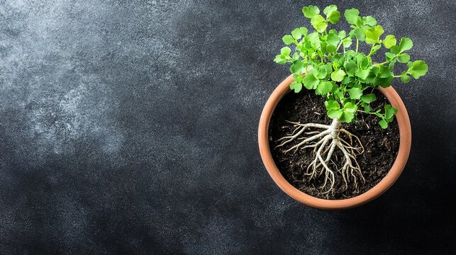 constriction. A root-bound plant in a terracotta pot, roots circling inside, top-down view. gardening catalogs, home-decor guides, designed for gardening and botanical catalogs.