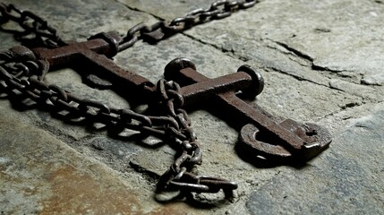 shackles. Rusted iron chains and broken manacles on a stone floor in dim light. public awareness campaigns, NGO reports, designed for public awareness campaigns and NGO communications.