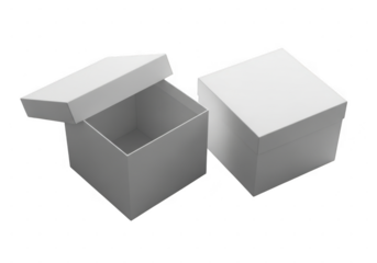 Two white gift boxes with lids, one open and one closed, isolated on transparent background