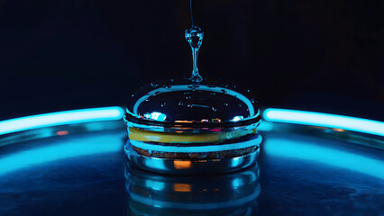 Water Droplet Splashing on Shiny Burger with Yellow Cheese Layer in Neon Blue Light