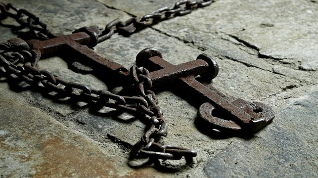 shackles. Rusted iron chains and broken manacles on a stone floor in dim light. public awareness campaigns, NGO reports, designed for public awareness campaigns and NGO communications.