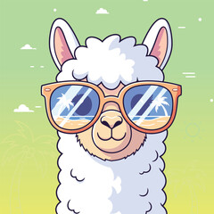 Fototapeta premium A charming cartoon llama wearing stylish sunglasses and enjoying a tropical vibe