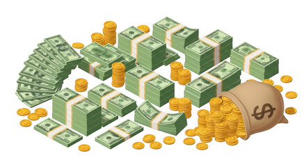A collection of various currencies including coins, banknotes, and a money bag arranged in a 3d style isolated on transparent background