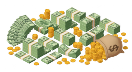 A collection of various currencies including coins, banknotes, and a money bag arranged in a 3d style isolated on transparent background