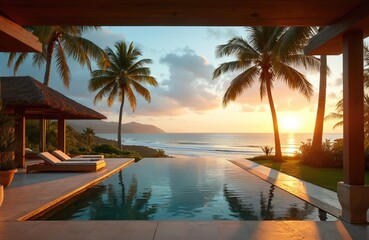 Luxury villa infinity pool overlooks ocean at sunset. Palm trees frame serene tropical beach view. Peaceful getaway vacation property offers amazing seaside panorama and relaxation.