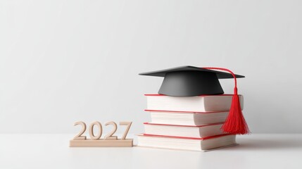 Graduation hat with red tassel placed atop a stack of books, symbolizing academic achievement and celebration of educational milestones