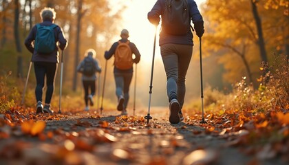 Fototapeta premium Elderly people walk with poles on a forest path in autumn. They wear backpacks and walk on a leaf-covered trail. Sun shines through trees, creating warm light.