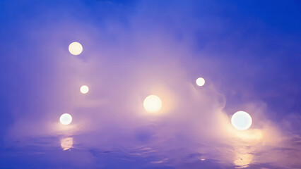 Abstract Glowing Orbs Floating in Purple Haze with Reflections