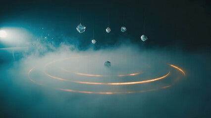 Abstract Swirling Smoke and Floating Crystals with Golden Rings in Dark Studio