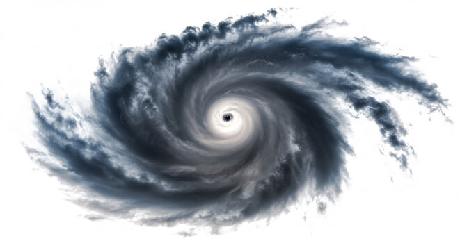 Ouragan menacant vu du ciel tourbillons de nuages sombres contraste lumineux frappant au centre de l'oeil. AI Generated