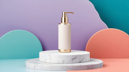 Cosmetic Lotion Bottle on Marble Pedestal with Colorful Abstract Background