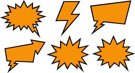 Vibrant collection of dynamic comic-style graphic elements, including orange speech bubbles, explosive starbursts, and a bold lightning bolt, perfect for impactful visual messaging