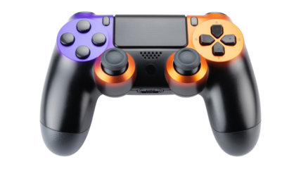Gradient purple and orange gamepad isolated PNG, wireless controller for gaming console on transparent background, modern design