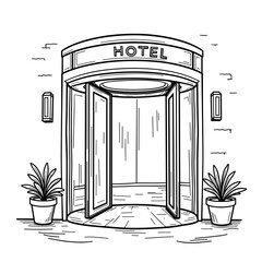 Hotel entrance with revolving door illustration, kid-friendly coloring book page in hand-drawn style