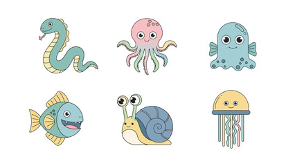 Fototapeta premium Colorful cartoon sea creatures and animals on a white background