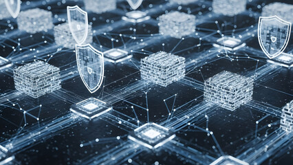Cybersecurity Block Chain Network Concept with Shield Icons and Data Connections