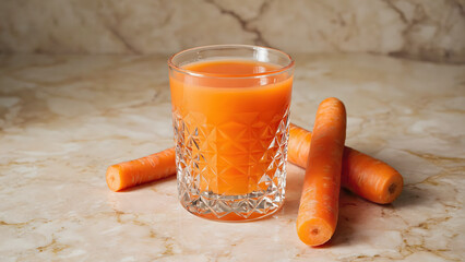 Fresh Carrot Juice in Glass with Whole Carrots on Marble Surface