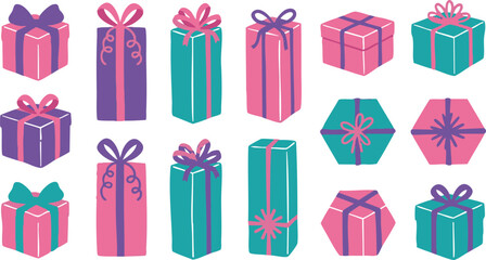 Vibrant collection of illustrated gift boxes adorned with decorative bows, perfect for celebrations, holidays, and special occasions, adding a festive touch to any design project