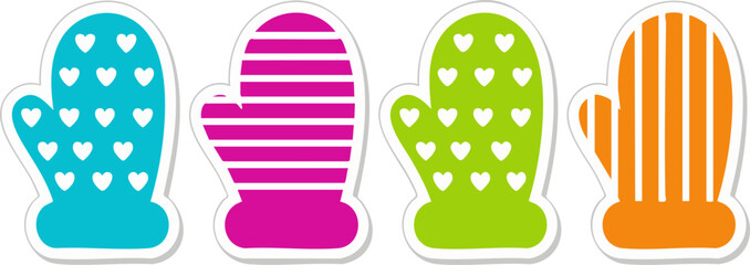 Cozy and colorful winter mittens graphic collection, showcasing various patterns including stripes and hearts, perfect for adding warmth and cheer to any cold-weather design