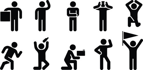 A collection of minimalist black stick figure icons depicting various human activities and expressions