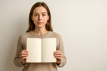 Naklejka premium horizontal photo of a young woman holding an open blank notebook toward the camera against a neutral beige background, offering a clean space for customization; perfect for educational materials