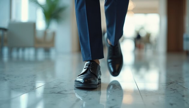 Man walks in dark suit pants and shiny black shoes across a polished marble floor inside a modern office building lobby. He strides with purpose and confidence.