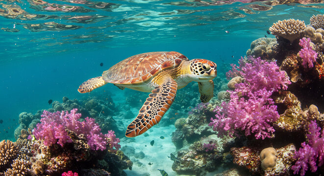 Splendide tortue marine nageant gracieusement dans un r�cif corallien aux couleurs vives sous l'eau turquoise. AI Generated