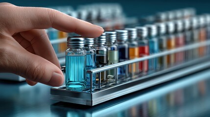 A close-up view of a hand selecting a vial from a rack filled with various colorful laboratory samples, showcasing precision in scientific research.
